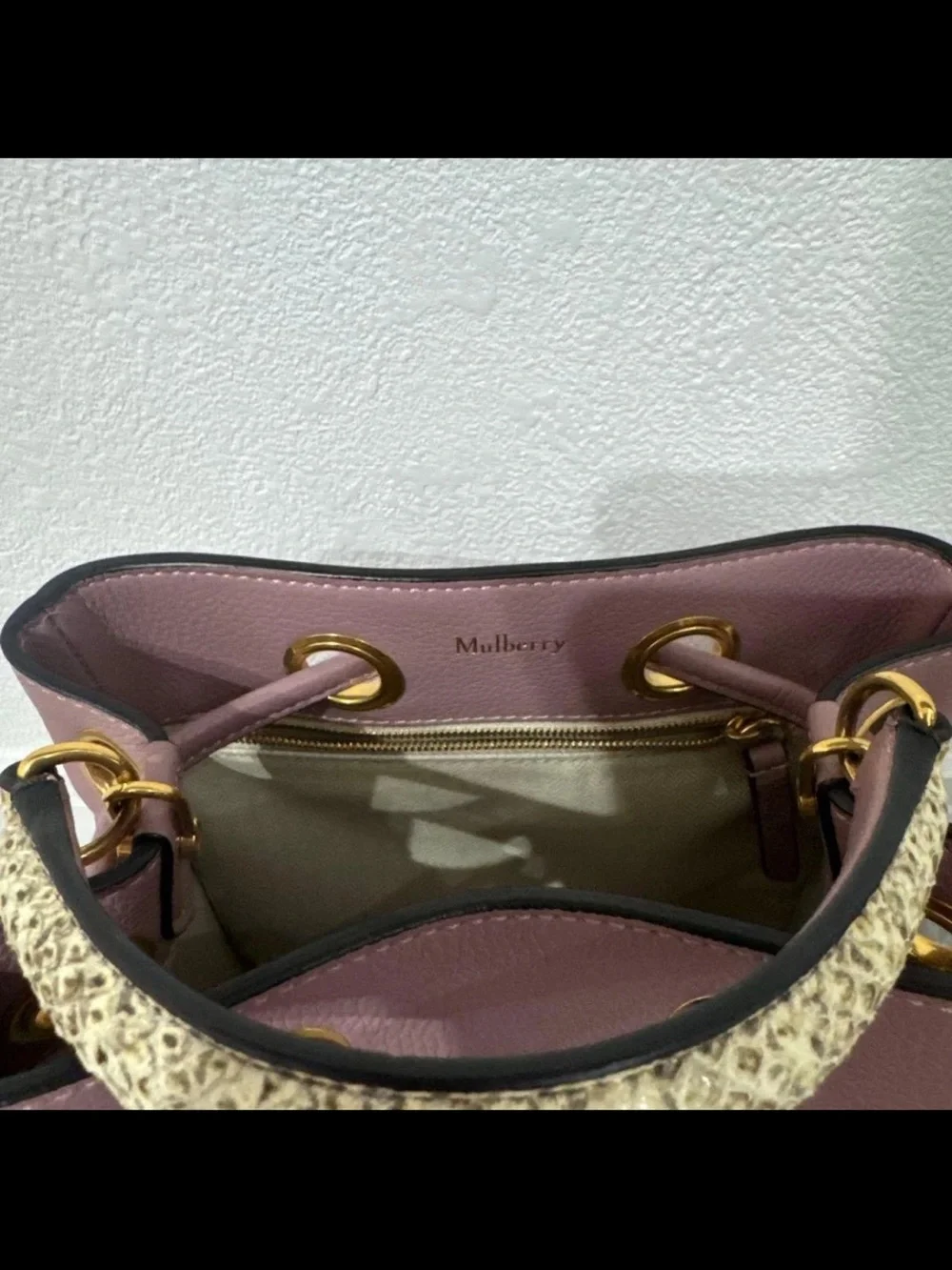Mulberry Mauve Leather Drawstring Bucket Bag with Braided Handle